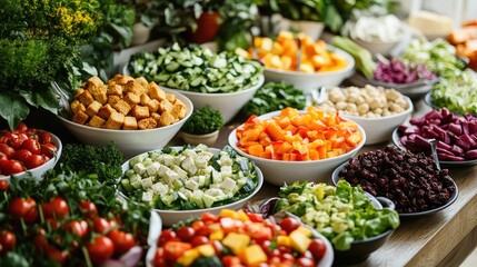 Vibrant array of fresh chopped vegetables and salad ingredients in colorful bowls on a wooden surface a perfect salad bar
