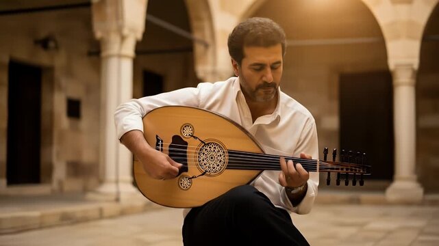 Man Playing Oud in Stone Courtyard