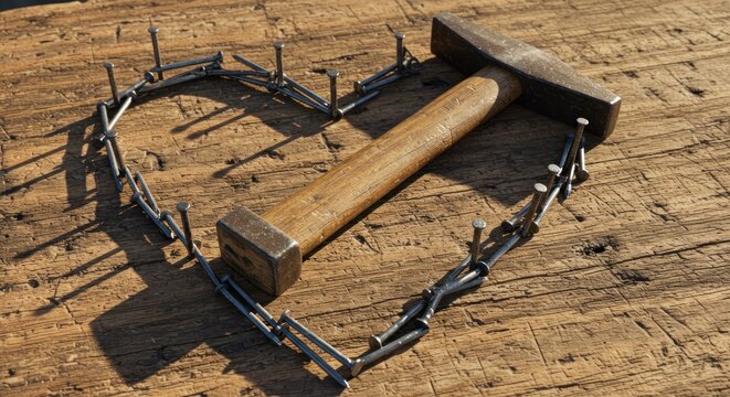 A hammer rests within a heart made of nails on a textured, weathered wooden surface, suggesting construction and love. The light highlights the metal tools