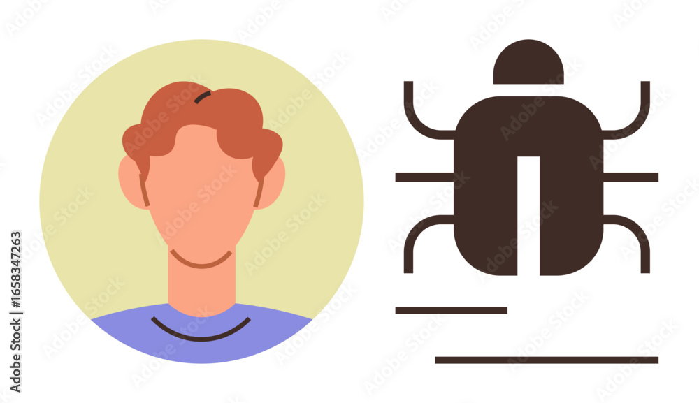 Poster abstract profile of a person next to a bug icon symbolizing digital errors or cybersecurity concerns