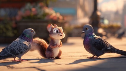 A cute squirrel interacts with two pigeons on a city street
