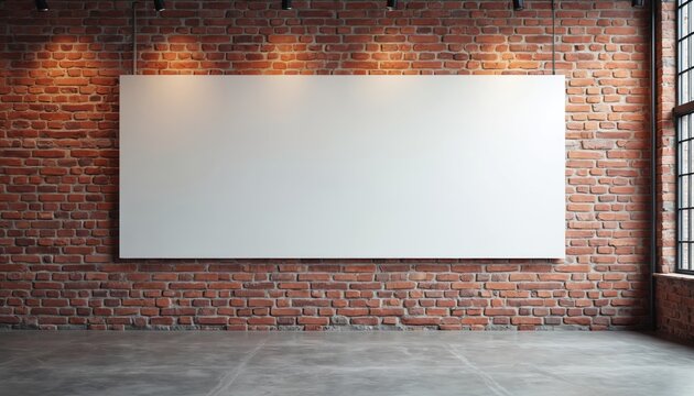 Blank white canvas on red brick wall in modern industrial interior. Concrete floor complements raw, textured space, perfect for art display, presentations, studio setups. Clean, minimalist aesthetic.