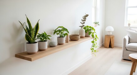 Wooden shelf with potted houseplants against a white wall in a bright room floating shelf potted plants