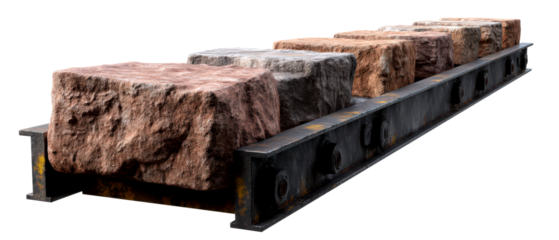 Realistic Conveyor Belt Transporting Rough Stone Blocks Isolate on Transparent Background, cutout, png
