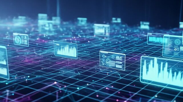 Futuristic holographic dashboard with glowing financial data and analytics visualization - Powered by Adobe