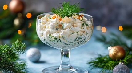 Classic festive Russian herring salad served in an elegant glass, garnished with fresh dill, vintage holiday table decor, blue concrete background