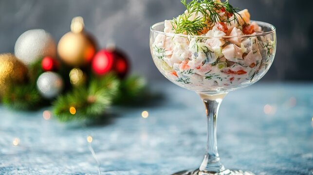 Classic festive Russian herring salad served in an elegant glass, garnished with fresh dill, vintage holiday table decor, blue concrete background