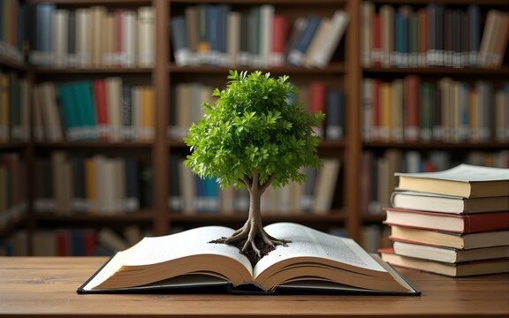 education concept with tree of knowledge planting on opening old big book in library with textbook, stack piles of text archive and aisle of bookshelves in school study class room. High quality - Powered by Adobe