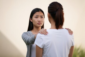 Woman comforting friend empathy support compassion care asian friendship shoulder gesture help