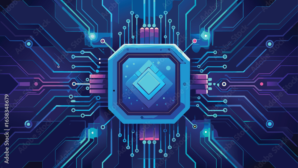 Poster detailed view of a circuit board with a blue background, highlighting various electronic elements an