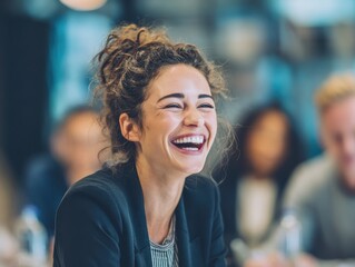 Fototapeta premium Confident businesswoman laughing at a conference in an office setting with colleagues in the background