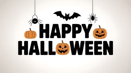 Minimal halloween greeting with pumpkins, bat, and spider on white background with bold happy halloween text in playful style