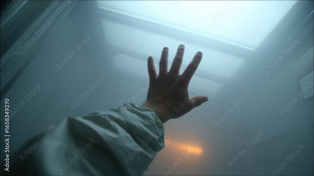 Poster patients forearm visible in medium shot as it reaches up to wave softly behind a fogged isolation wi