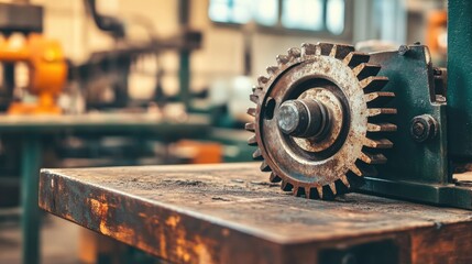 Close-up of a heavy iron gear with rusted edges on an old wooden workbench, vintage machinery and mechanical engineering theme
