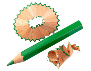 Angled Green Pencil with Long Wooden Shavings, isolated PNG