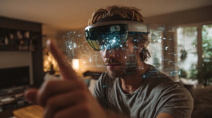 A man using augmented reality glasses in a living room, interacting with a digital interface using his finger.