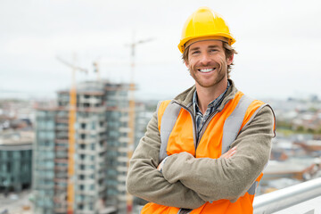 A cheerful construction worker in safety gear, smiling confidently on a building site with cranes in the background.