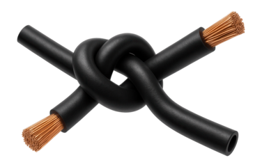 Black insulated electrical wire knotted, revealing copper strands at both ends.