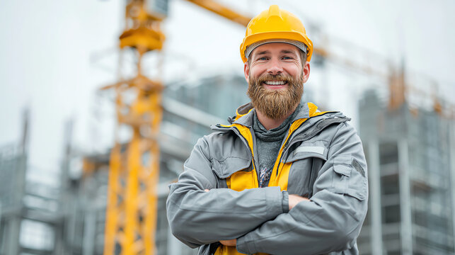 A cheerful construction worker in protective gear smiles confidently at the camera, embodying safety and professionalism on site. - Powered by Adobe