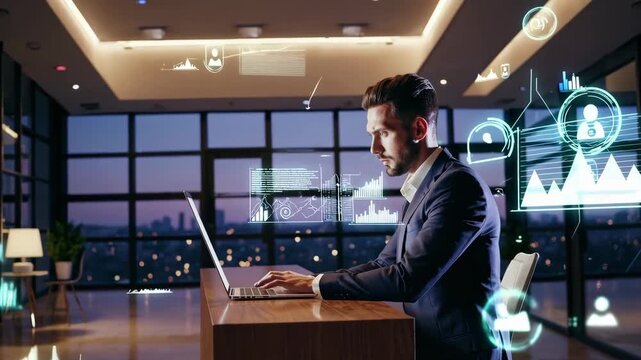 Businessman using laptop with digital marketing and online sales concept graphics.