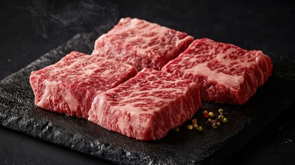 Close-up of premium Japanese Wagyu sirloin sizzling on a yakiniku grill, showcasing its rich marbling and juicy texture
