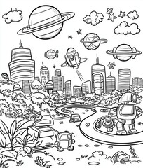 Image of Alien world cityscape coloring book illustration, showing a futuristic alien city with floating buildings, space highways, and tiny robots working, fun and whimsical,  printed on Printed Glass Basin Splashbacks