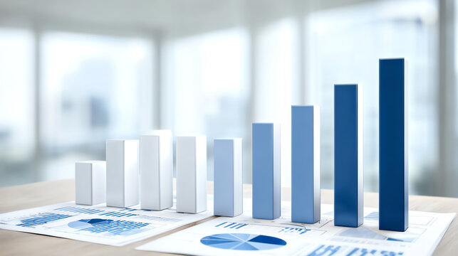A collection of blue and white bar graphs displaying data trends on a desk in a modern office environment.