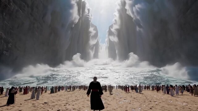 Moses parting the Red Sea, with towering walls of water and a clear path emerging through the seabed.