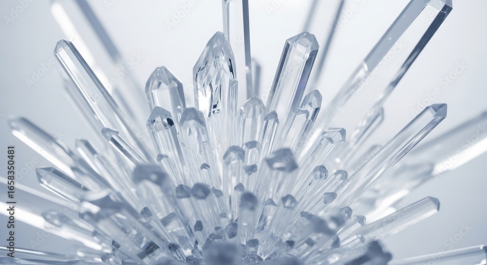 Poster abstract close-up of sharp clear crystal formations with light reflection