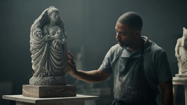 Sculptor Examining Grey Stone Statue in Dimly Lit Studio
