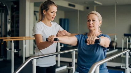 Senior Woman Doing Physical Therapy Exercises with Therapist in a Modern Gym - Powered by Adobe