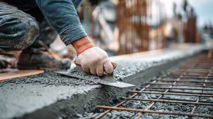 A construction worker expertly smoothing freshly poured concrete on a building site, showcasing skilled craftsmanship in action.
