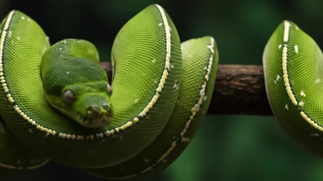 Enchanting emerald tree boa coiled on a branch, a mesmerizing display of nature's beauty and