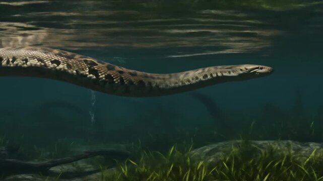 An anaconda gracefully glides through murky waters in its natural habitat, showcasing its aquatic