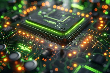 Obraz premium Futuristic glowing motherboard with green circuits high resolution picture