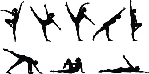 Yoga and dance silhouettes, balance poses, flexibility, black vector, body strength, gymnastics movement, posture control, white background