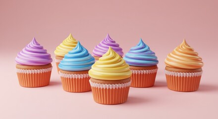 Six vibrant cupcakes with swirled buttercream frosting in pastel colors, nestled in orange paper liners, arranged on a soft pink backdrop