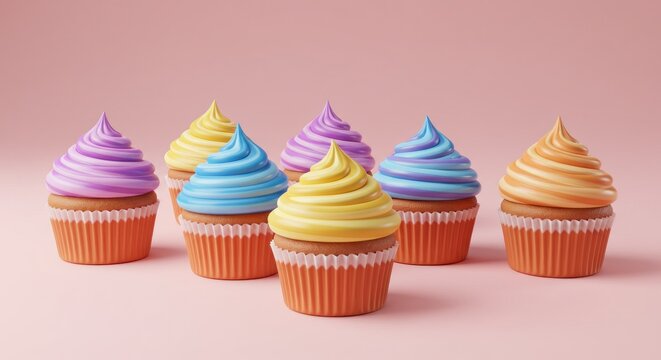 Six vibrant cupcakes with swirled buttercream frosting in pastel colors, nestled in orange paper liners, arranged on a soft pink backdrop - Powered by Adobe