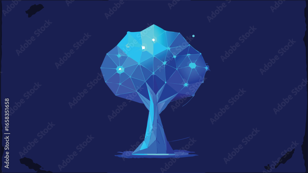 Poster a wireframe tree design set against a dark background, showcasing intricate lines and shapes..eps