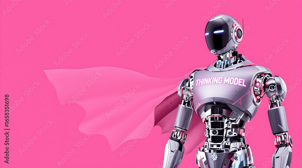 Aufkleber heroic robot representing thinking model of llms with a pink cape represents advanced technology and