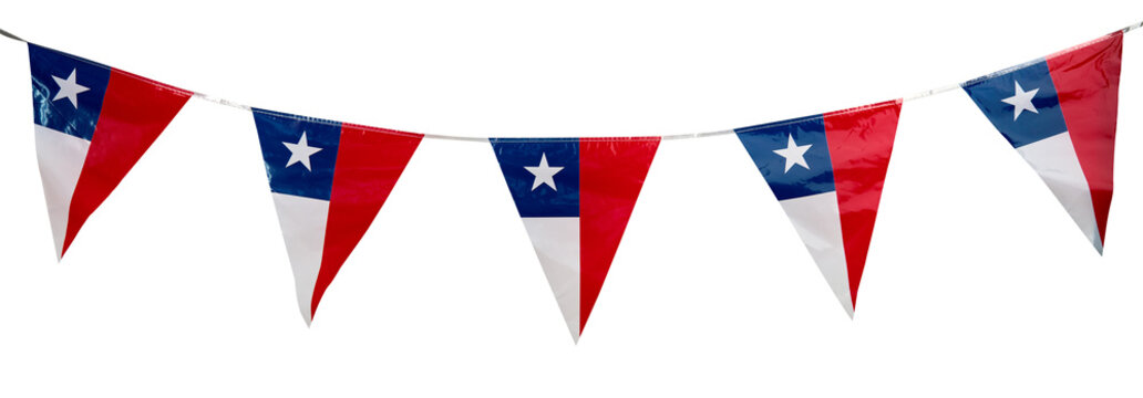 String of triangular chilean flags hanging against a white background, celebrating chilean national holidays