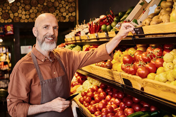 Salesman showcases fresh produce at a vibrant farmers market grocery store