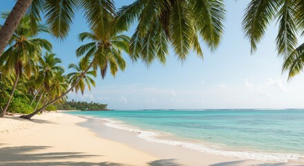Fototapeta premium A sun-kissed tropical beach scene featuring a white sandy shore, turquoise ocean, lush palm trees, and a clear blue sky