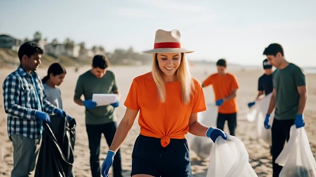 Smiling Young Woman Leads Beach Cleanup Effort