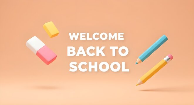 Vibrant 'Welcome Back to School' image featuring cartoon erasers, stylized pencils and bold white text on pastel background