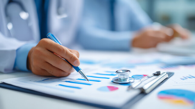 A healthcare professional analyzes data and graphs to make informed decisions in a clinical environment, representing modern healthcare.