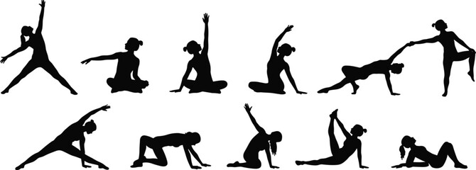 Yoga pose silhouettes, ten positions, fitness exercise icons, meditation, body balance, wellness vector art, active lifestyle, posture, flexibility