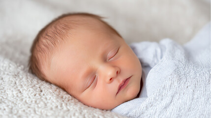 A peaceful newborn baby sleeping soundly, wrapped in a soft blanket, radiating innocence and tranquility.