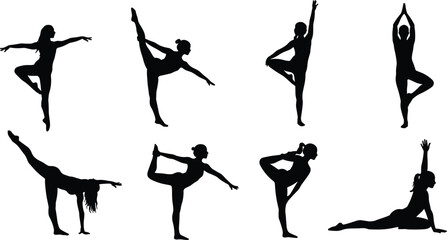 Yoga silhouette poses, balance, flexibility, meditation, fitness exercise, wellness, stretching, mindfulness, healthy lifestyle, vector illustration, active people, gym workout, posture, training