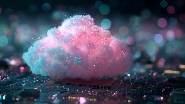 Glowing neon cloud on dark circuit board - Powered by Adobe